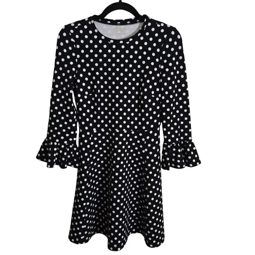 Kate Spade Lia Dot Ponte Dress Black White Polka Dot Flounce Sleeves Size XS